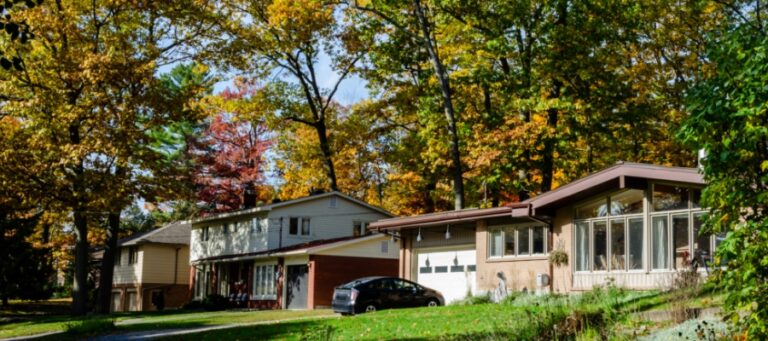 panorama of a suburban street at fall time. the trees are varied colors, and tree limbs overhang the homes
