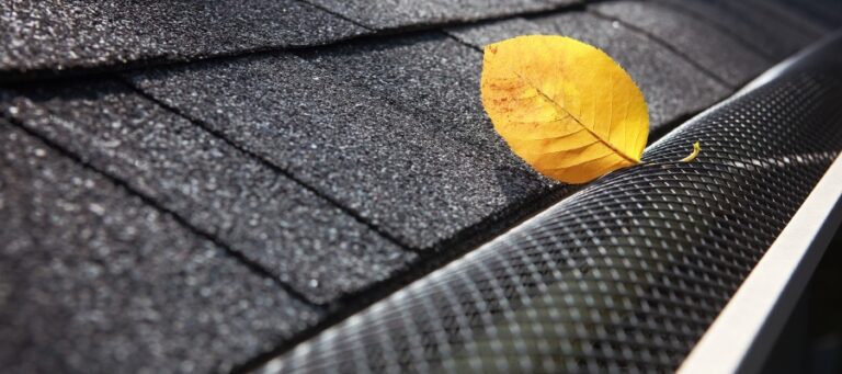 close up photo of a gutter guard with a single yellow leaf sitting atop